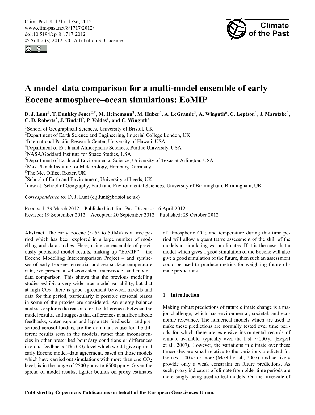 A Model–Data Comparison for a Multi-Model Ensemble of Early Eocene Atmosphere–Ocean Simulations: Eomip