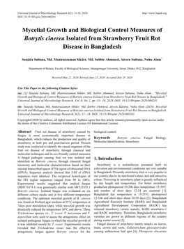 Mycelial Growth and Biological Control Measures of Botrytis Cinerea Isolated from Strawberry Fruit Rot Disease in Bangladesh