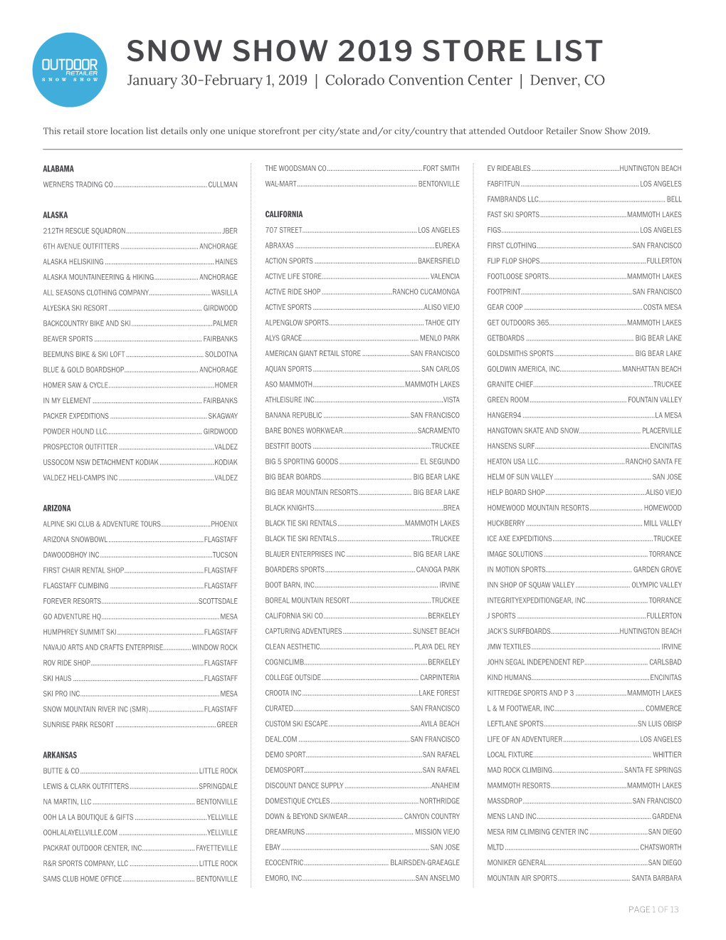 SNOW SHOW 2019 STORE LIST January 30-February 1, 2019 | Colorado Convention Center | Denver, CO