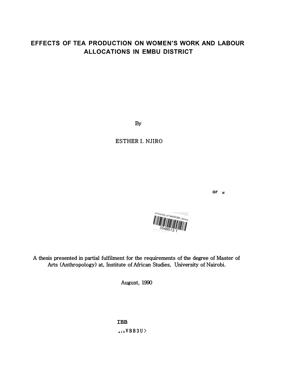 Effects of Tea Production on Women's Work and Labour Allocations in Embu District