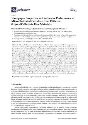 Nanopaper Properties and Adhesive Performance of Microﬁbrillated Cellulose from Different (Ligno-)Cellulosic Raw Materials