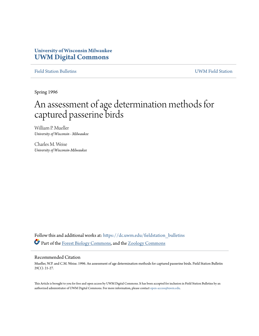 An Assessment of Age Determination Methods for Captured Passerine Birds William P