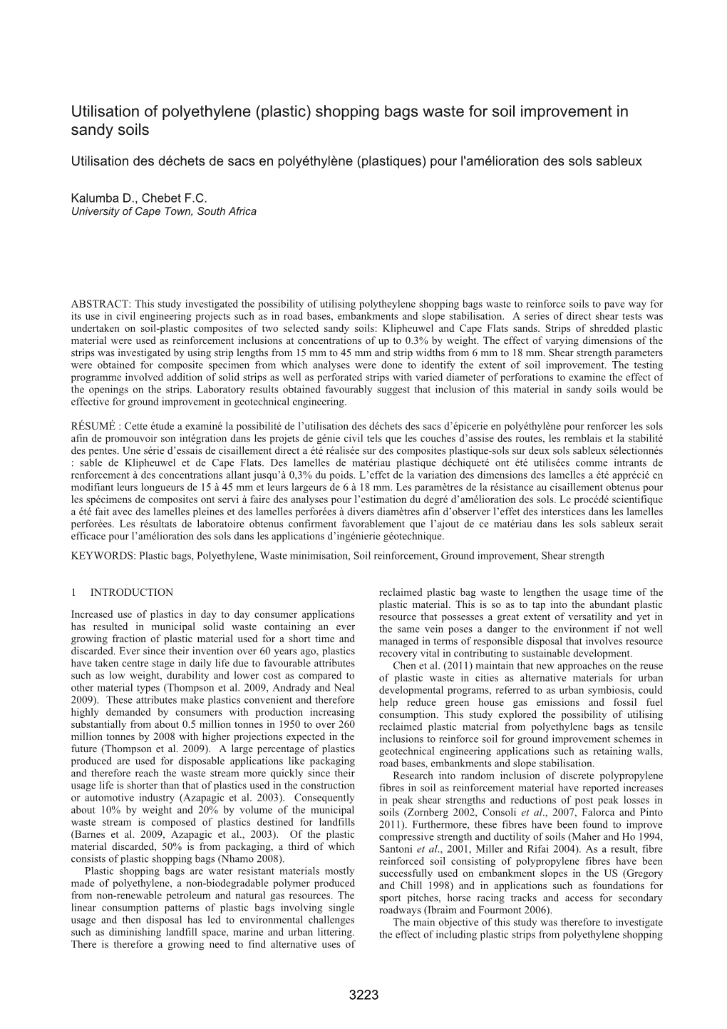 Utilisation of Polyethylene (Plastic) Shopping Bags Waste for Soil Improvement in Sandy Soils