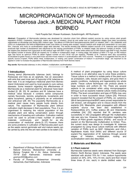 MICROPROPAGATION of Myrmecodia Tuberosa Jack.:A MEDICINAL PLANT from BORNEO