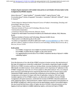 Analysis of Gene Expression and Mutation Data Points on Contribution of Transcription to the Mutagenesis by APOBEC Enzymes