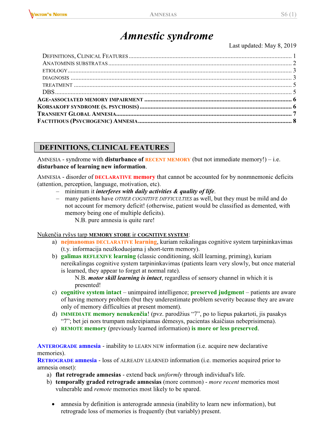 Amnestic Syndrome Last Updated: May 8, 2019 DEFINITIONS, CLINICAL FEATURES