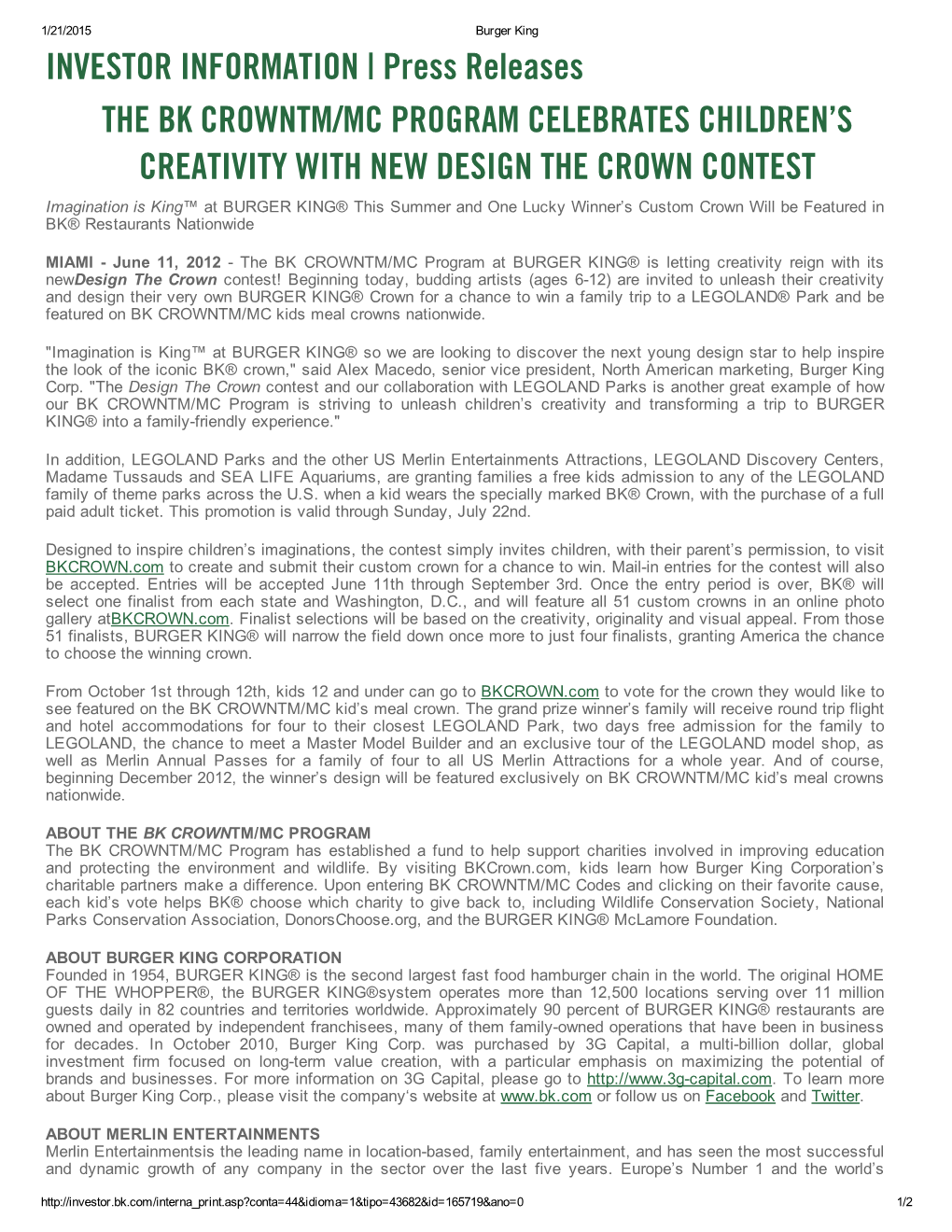 The Bk Crowntm/Mc Program Celebrates Children's Creativity With