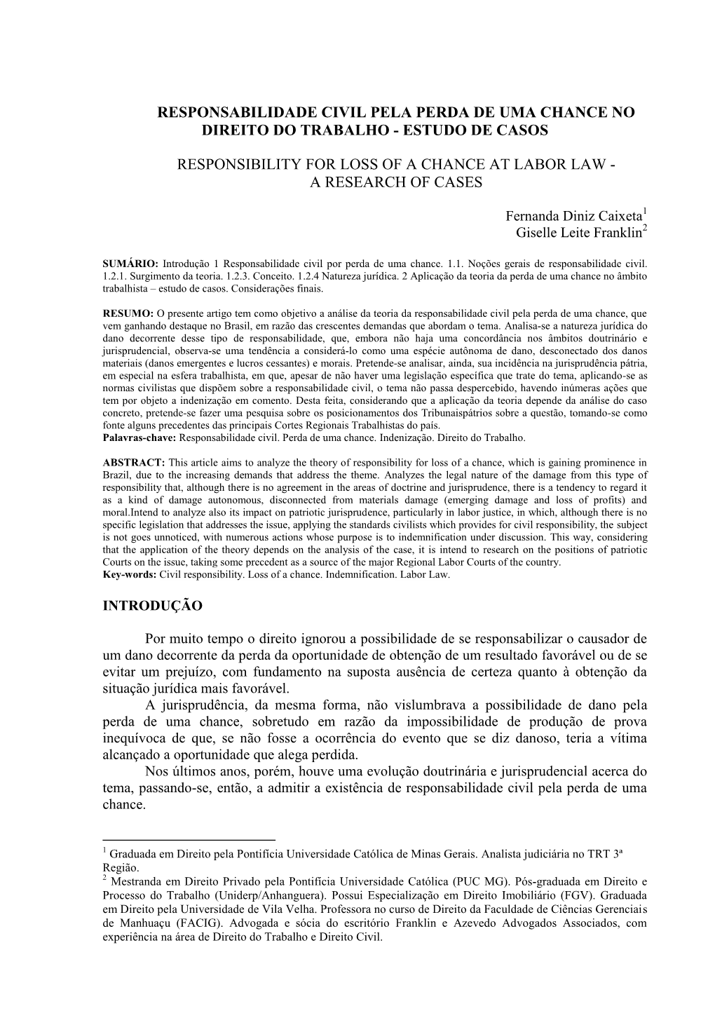 Responsabilidade Civil Pela Perda De Uma Chance No Direito Do Trabalho - Estudo De Casos