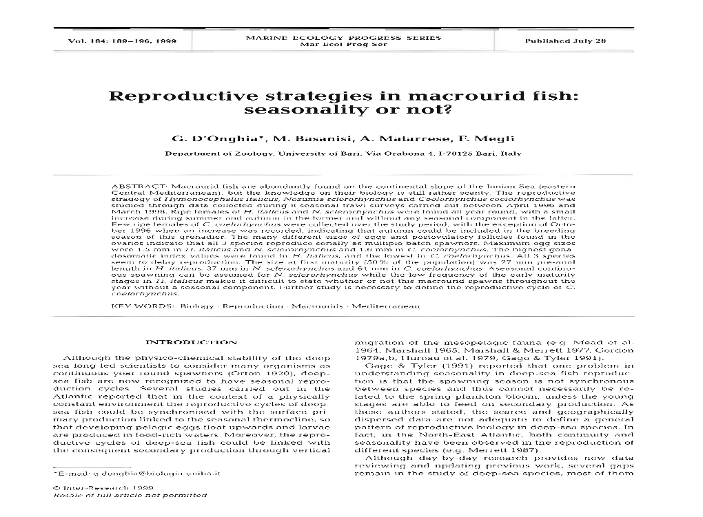 Reproductive Strategies in Macrourid Fish: Seasonality Or Not?