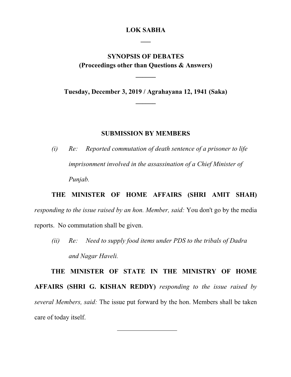 LOK SABHA ___ SYNOPSIS of DEBATES (Proceedings Other Than