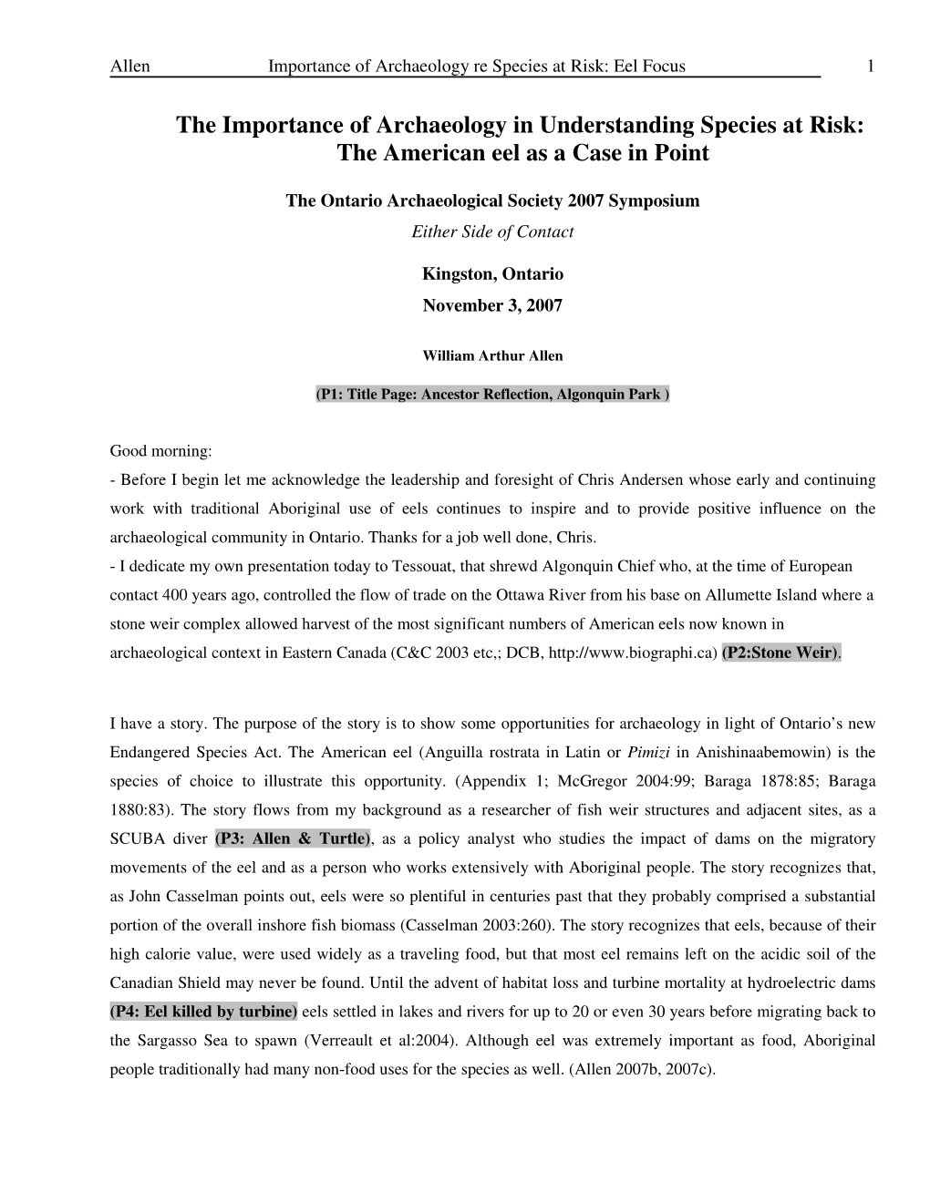 Importance of Archaeology Re Species at Risk American Eel. Draft 3 2007 10 21