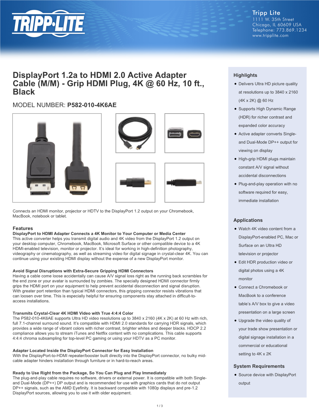 Displayport 1.2A to HDMI 2.0 Active Adapter Cable (M/M)