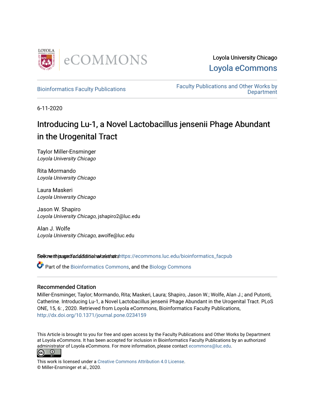 Introducing Lu-1, a Novel Lactobacillus Jensenii Phage Abundant in the Urogenital Tract