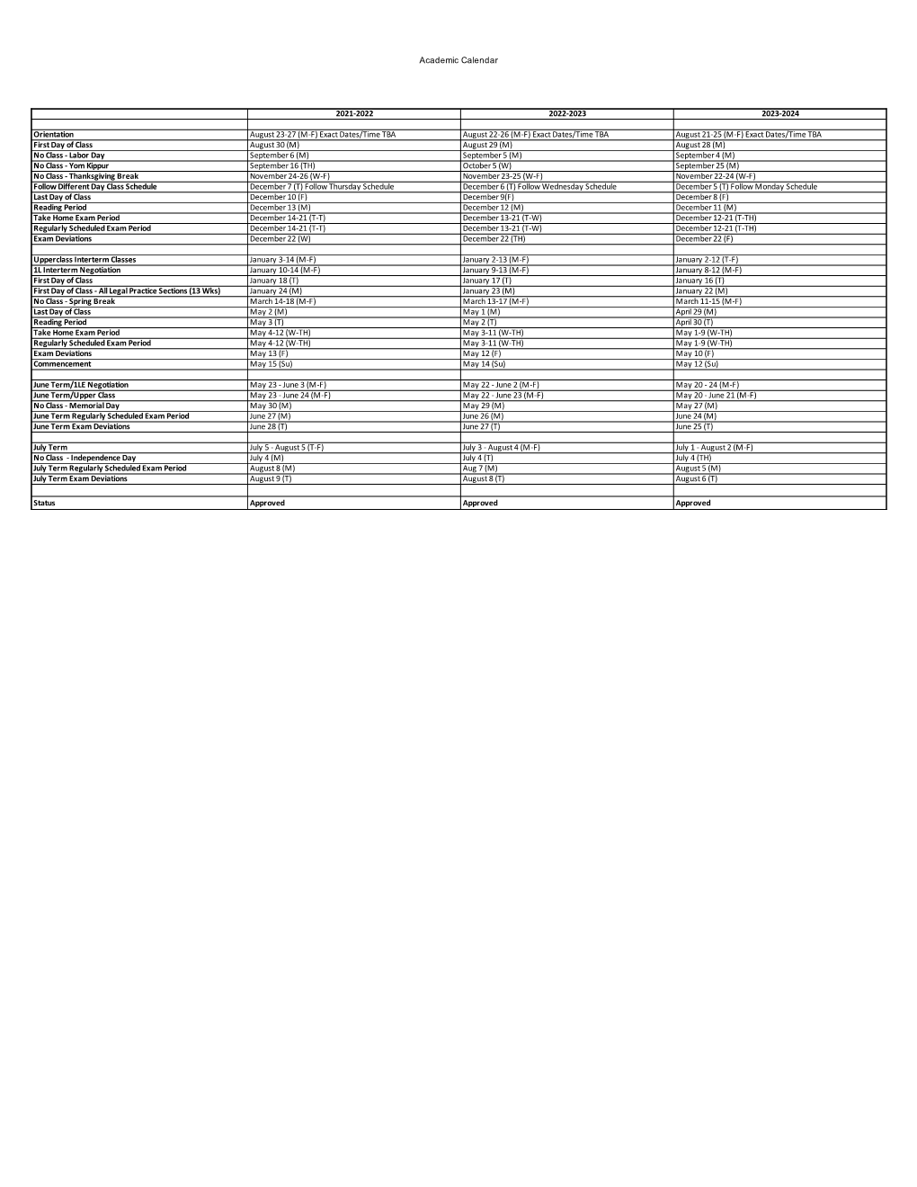 Academic Calendar