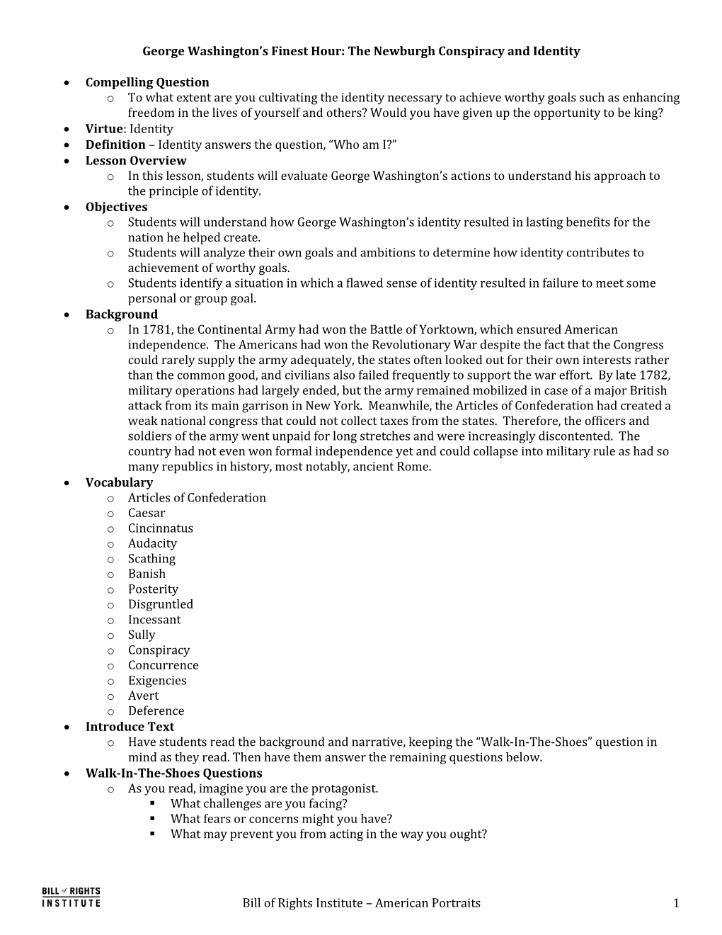 Bill of Rights Institute – American Portraits 1 George Washington's Finest Hour: the Newburgh Conspiracy and Identity • Co