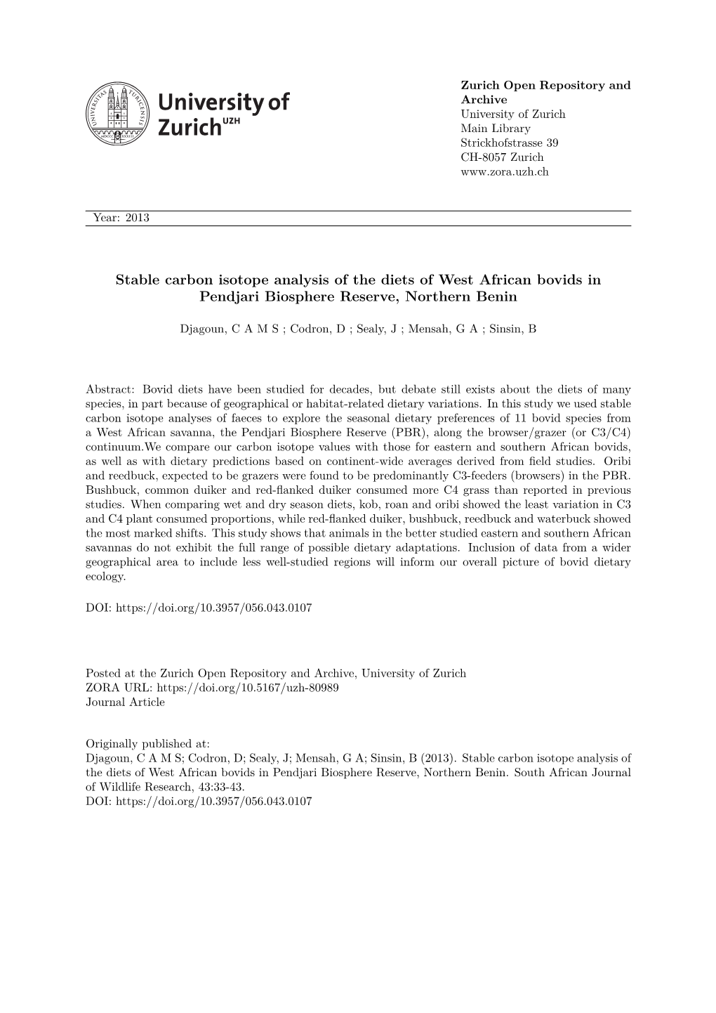 Stable Carbon Isotope Analysis of the Diets of West African Bovids in Pendjari Biosphere Reserve, Northern Benin