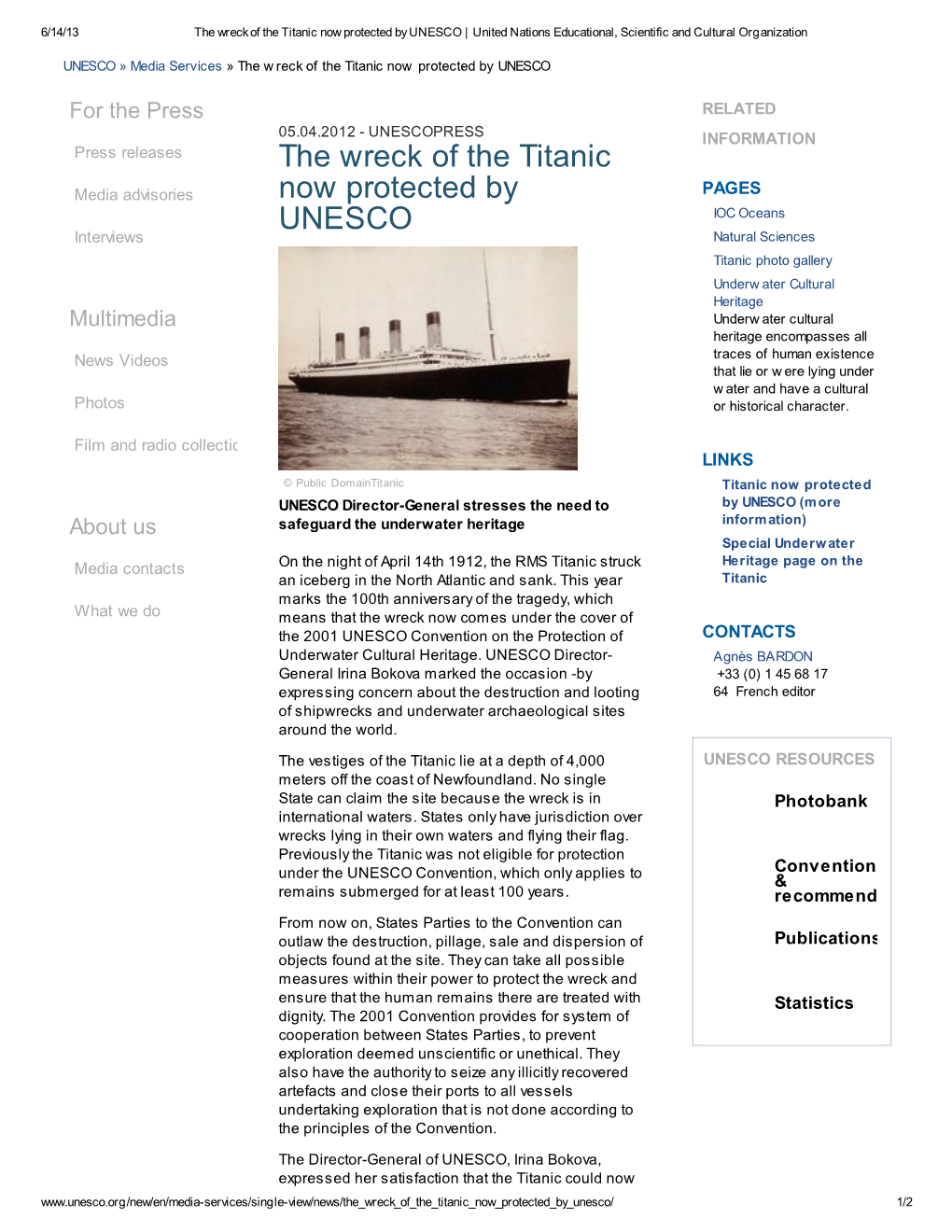 The Wreck of the Titanic Now Protected by UNESCO | United Nations Educational, Scientific and Cultural Organization