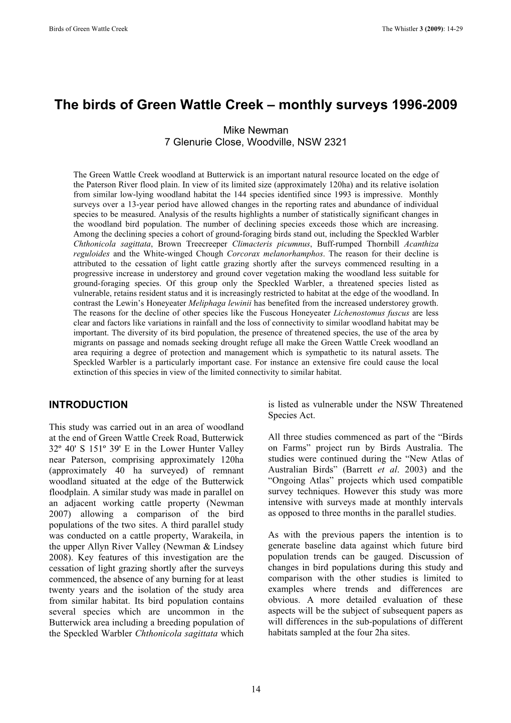 The Birds of Green Wattle Creek – Monthly Surveys 1996-2009