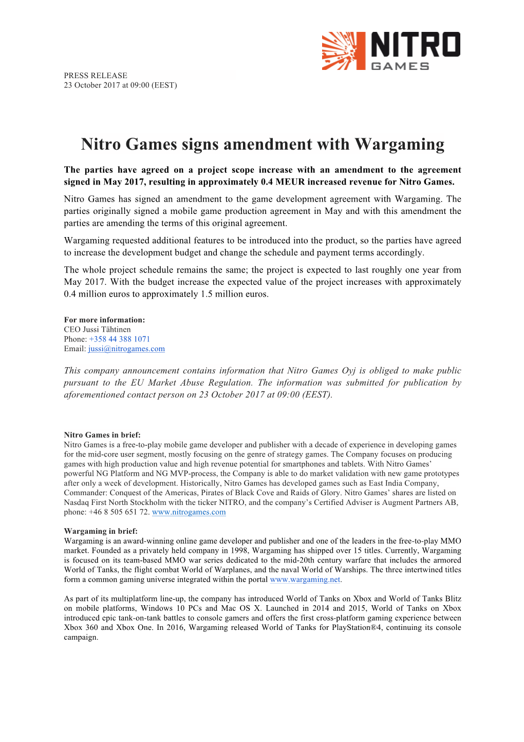 Nitro Games Signs Amendment with Wargaming