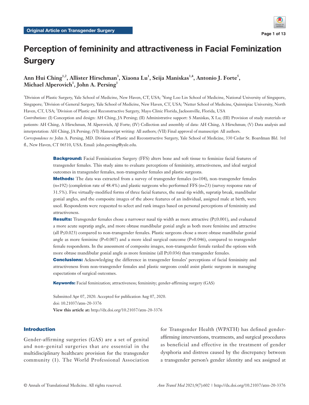 Perception of Femininity and Attractiveness in Facial Feminization Surgery