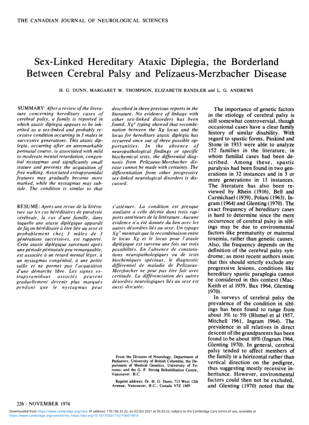 Sex-Linked Hereditary Ataxic Diplegia, the Borderland Between Cerebral Palsy and Pelizaeus-Merzbacher Disease