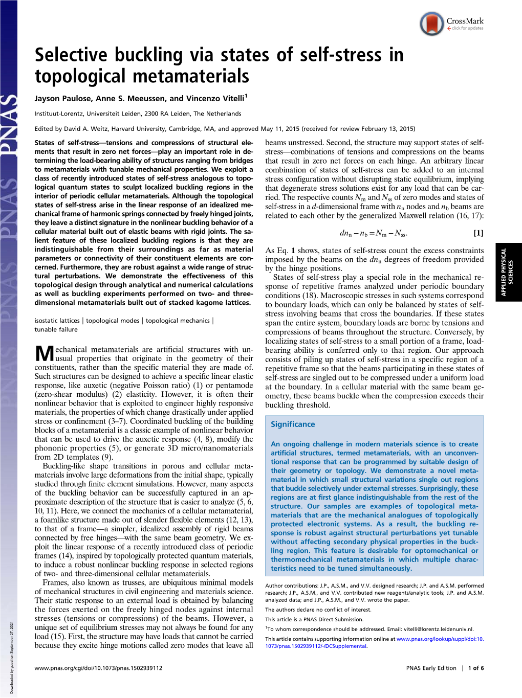 Selective Buckling Via States of Self-Stress in Topological Metamaterials