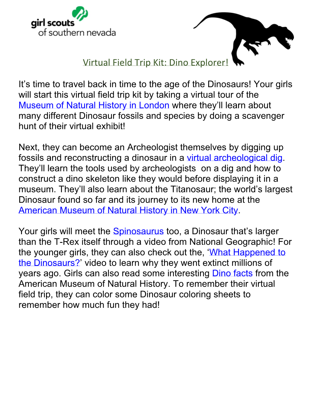 Virtual Field Trip Kit: Dino Explorer!