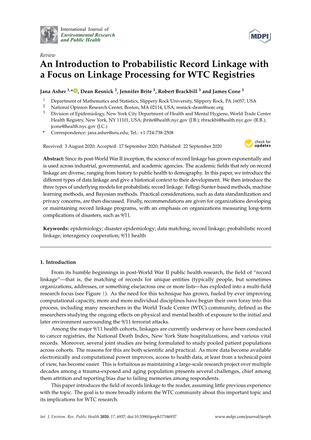 An Introduction to Probabilistic Record Linkage with a Focus on Linkage Processing for WTC Registries