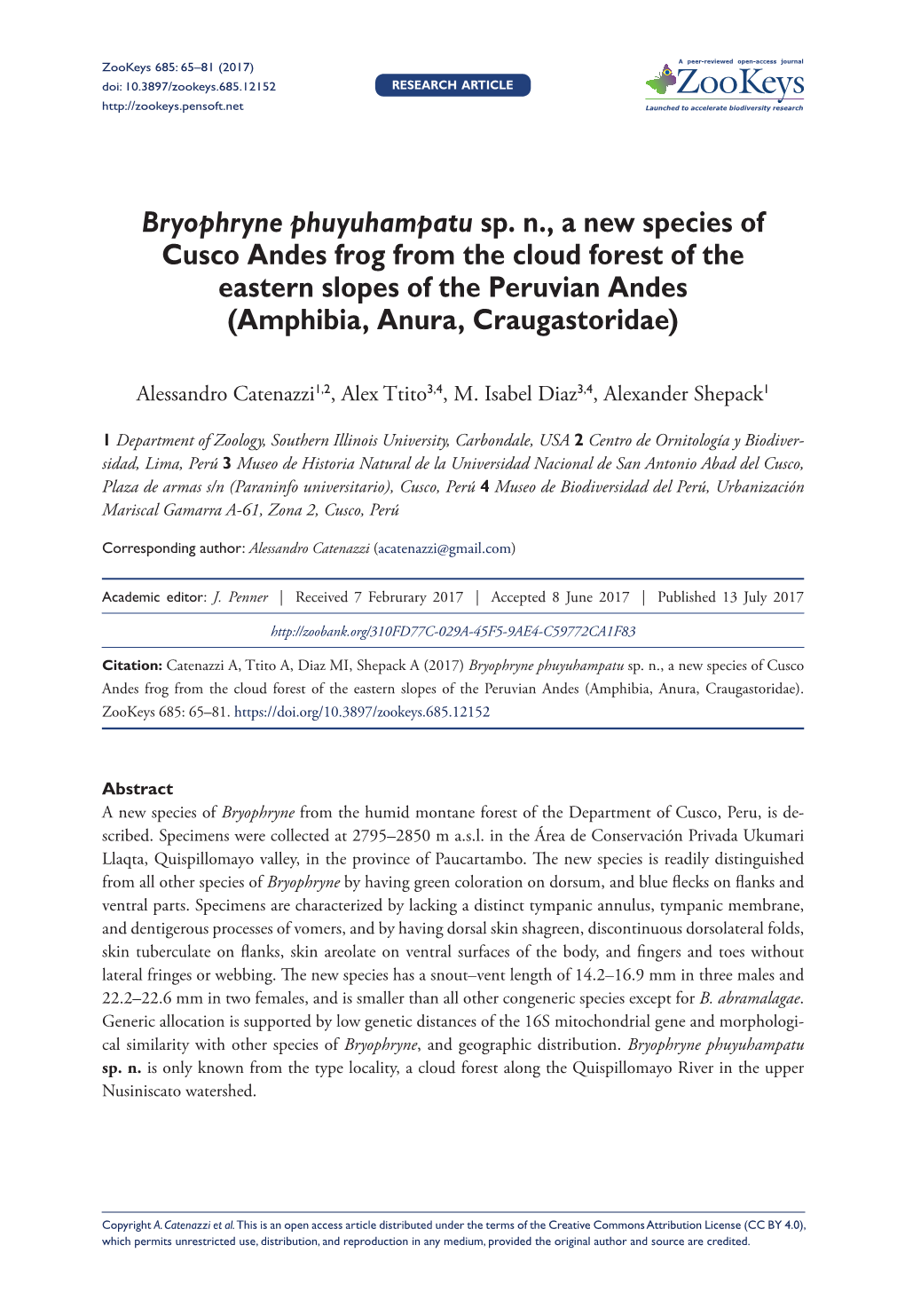 Bryophryne Phuyuhampatu Sp. N., a New Species of Cusco Andes Frog from the Cloud Forest of the Eastern Slopes of the Peruvian Andes (Amphibia, Anura, Craugastoridae)