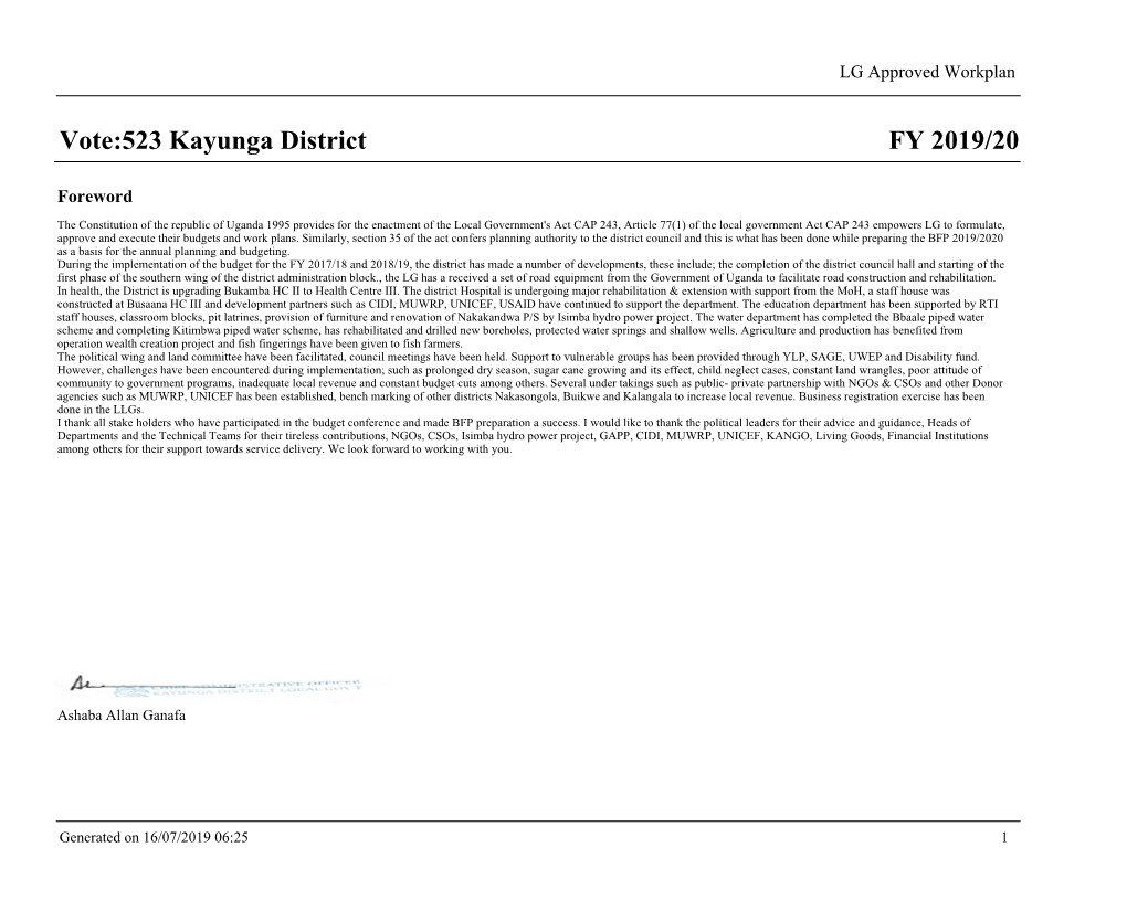 FY 2019/20 Vote:523 Kayunga District