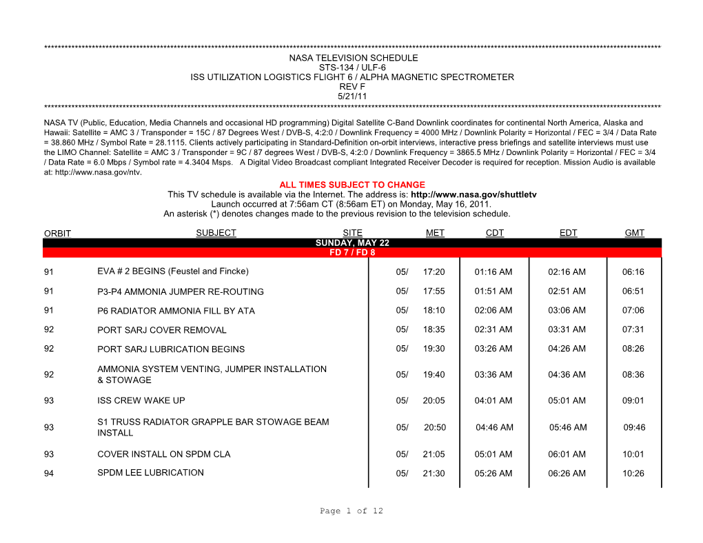 Nasa Tv Schedule Rev. F