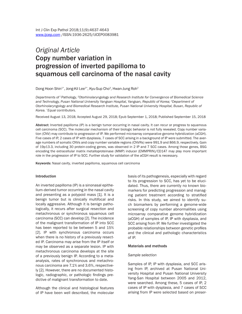 Original Article Copy Number Variation in Progression of Inverted Papilloma to Squamous Cell Carcinoma of the Nasal Cavity