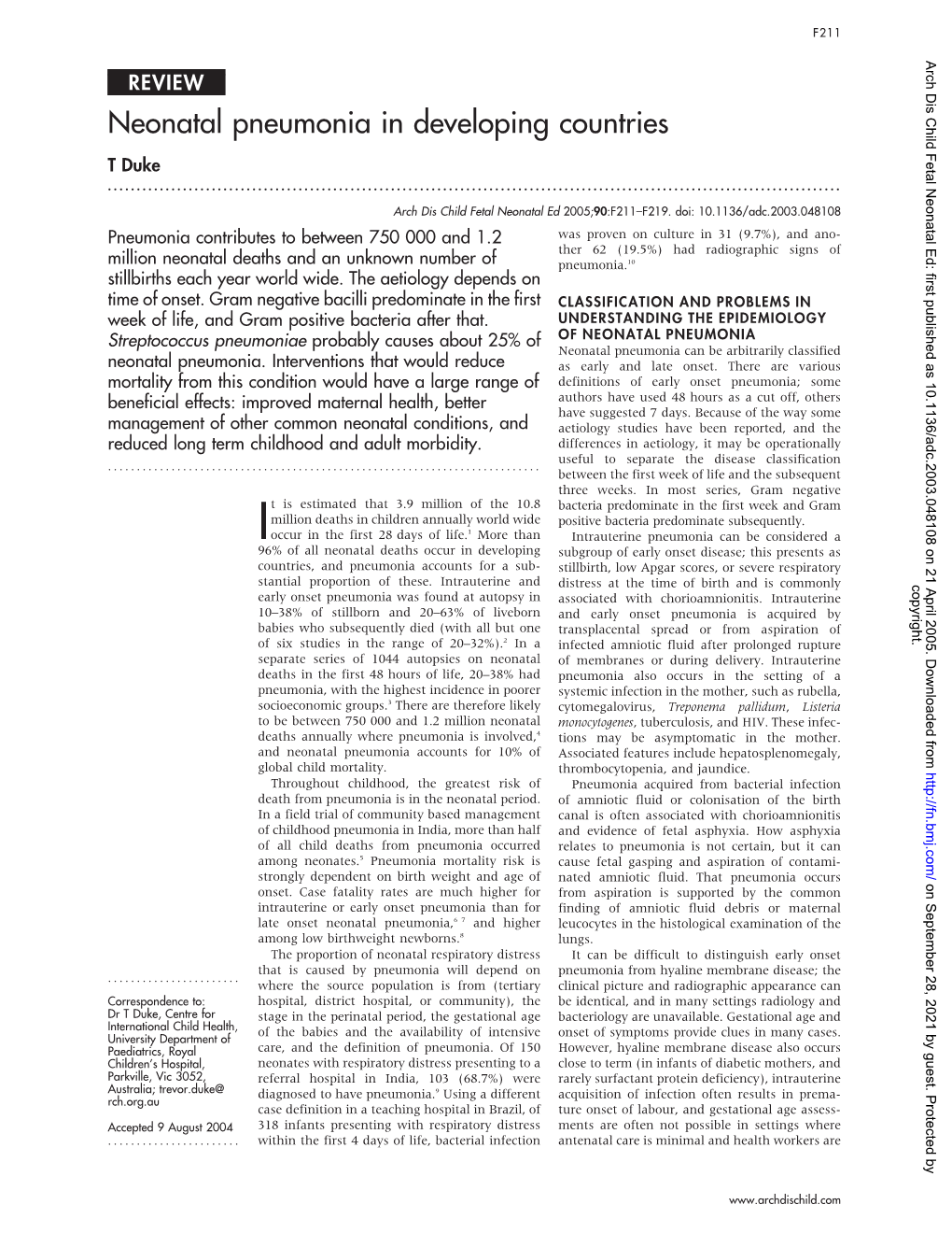 Neonatal Pneumonia in Developing Countries T Duke