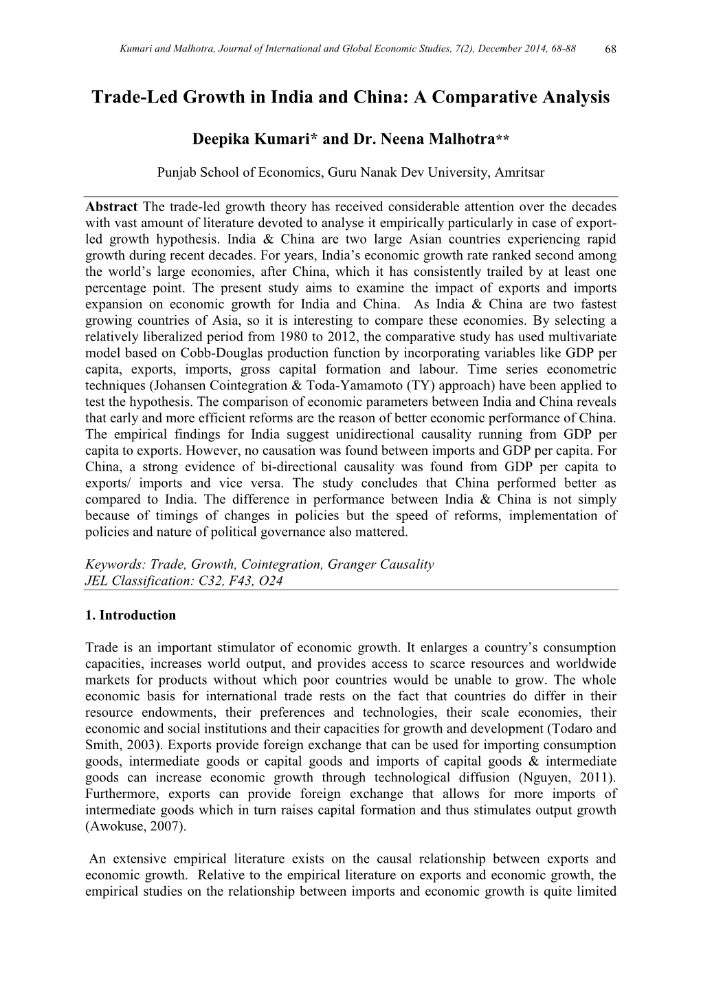 Trade-Led Growth in India and China: a Comparative Analysis