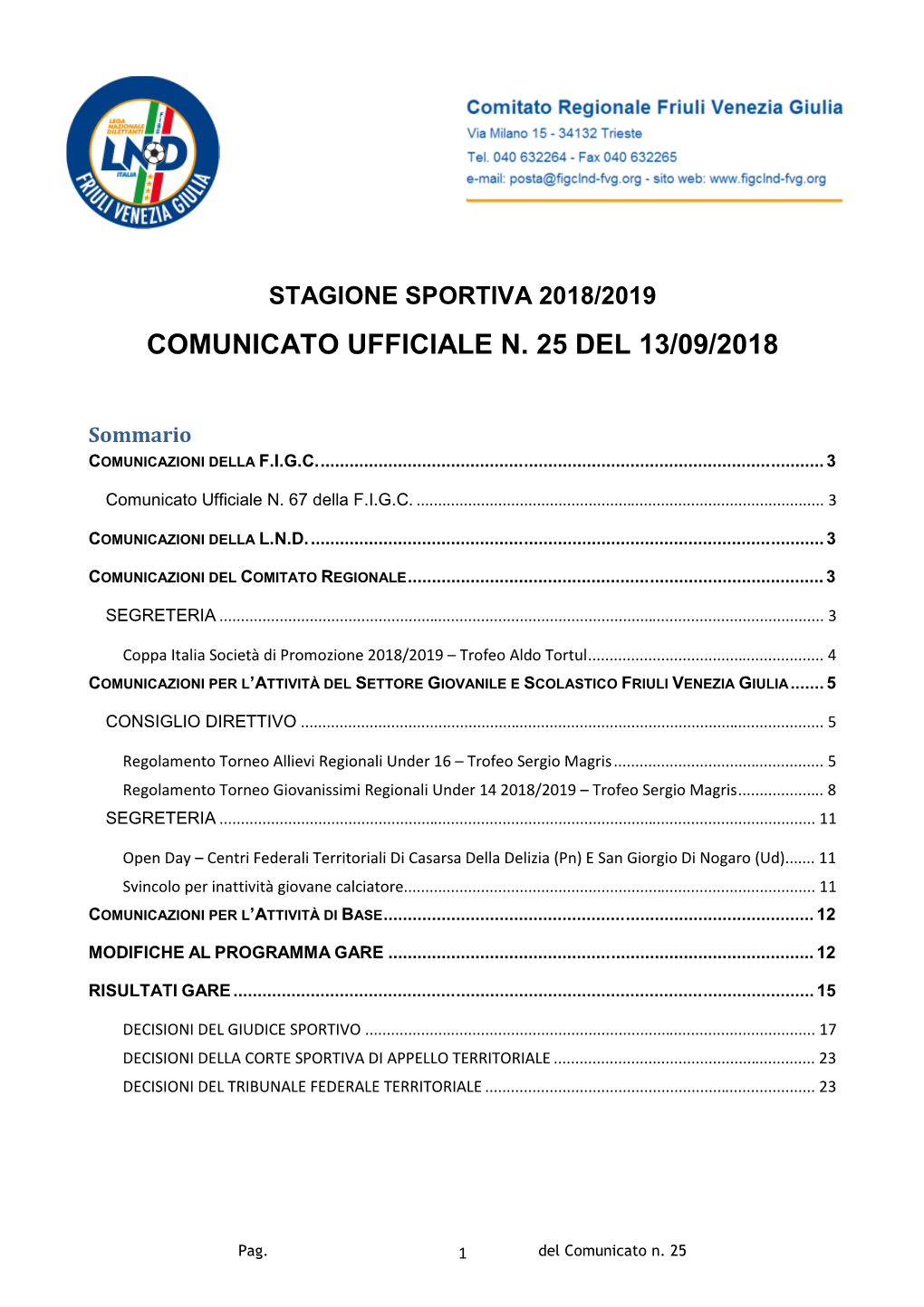 Comunicato Ufficiale N. 25 Del 13/09/2018