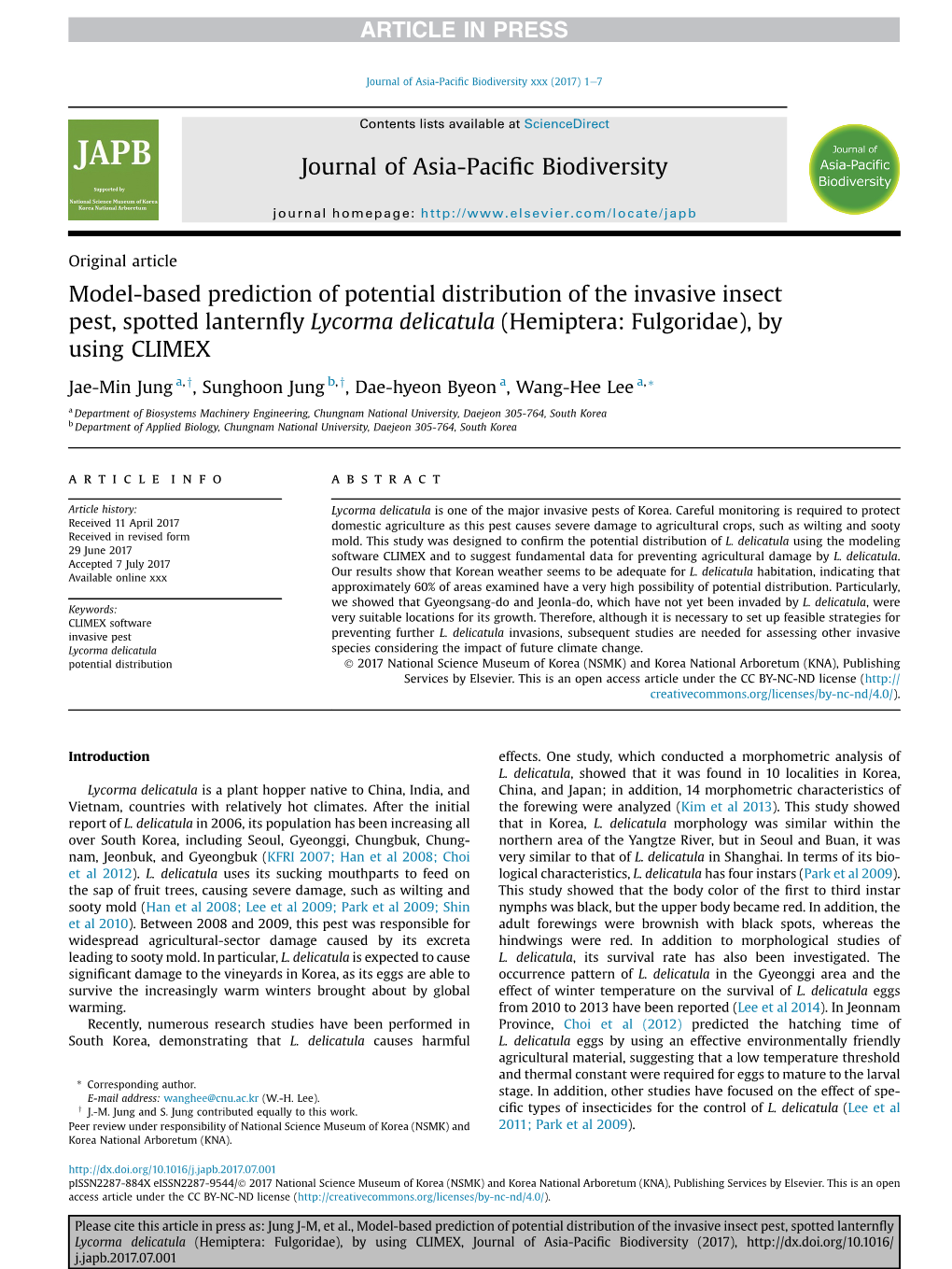 Model-Based Prediction of Potential Distribution of the Invasive Insect Pest, Spotted Lanternﬂy Lycorma Delicatula (Hemiptera: Fulgoridae), by Using CLIMEX