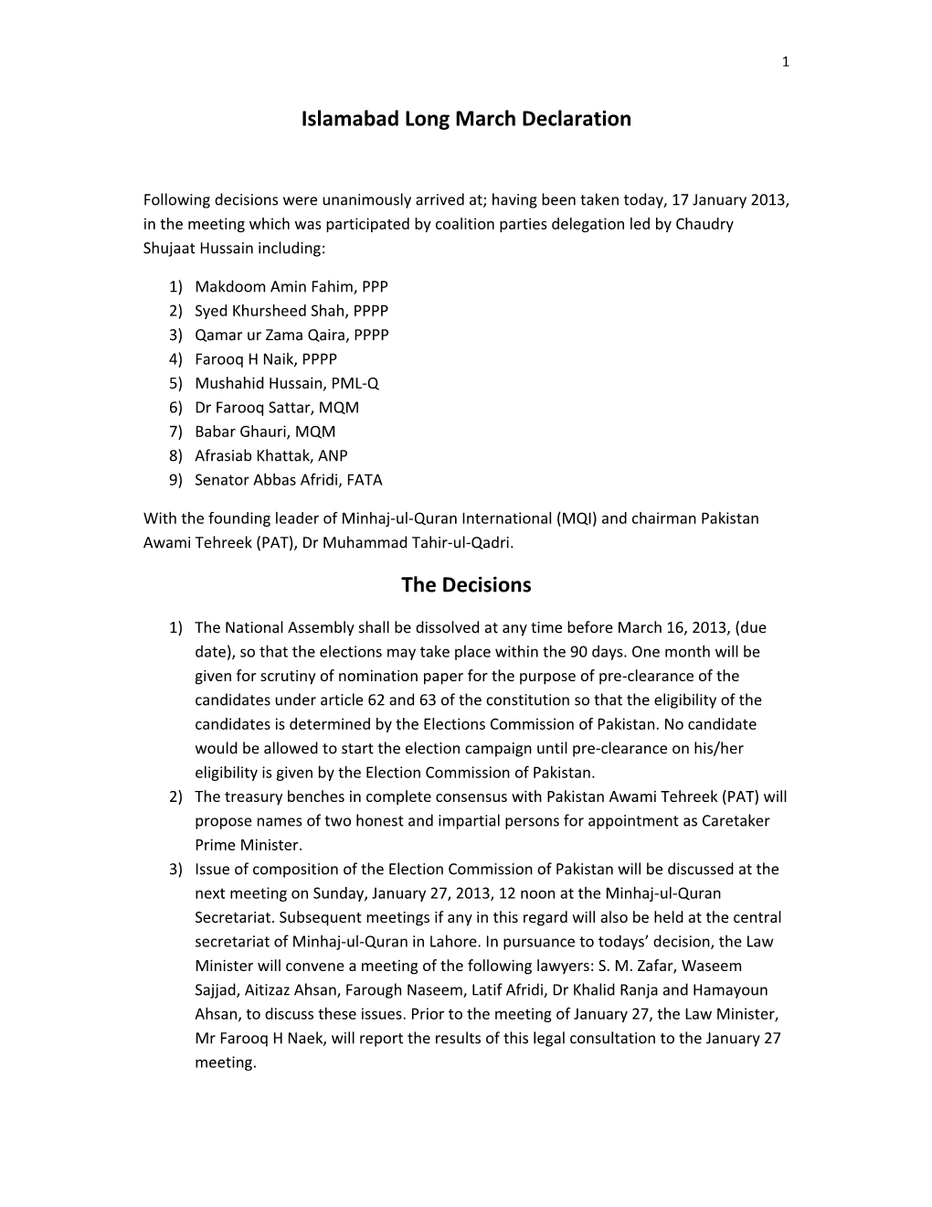 Islamabad Long March Declaration the Decisions