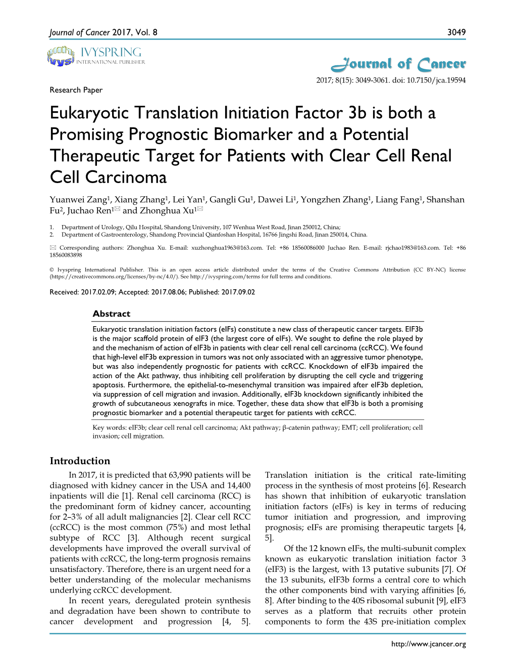 Eukaryotic Translation Initiation Factor 3B Is Both a Promising Prognostic