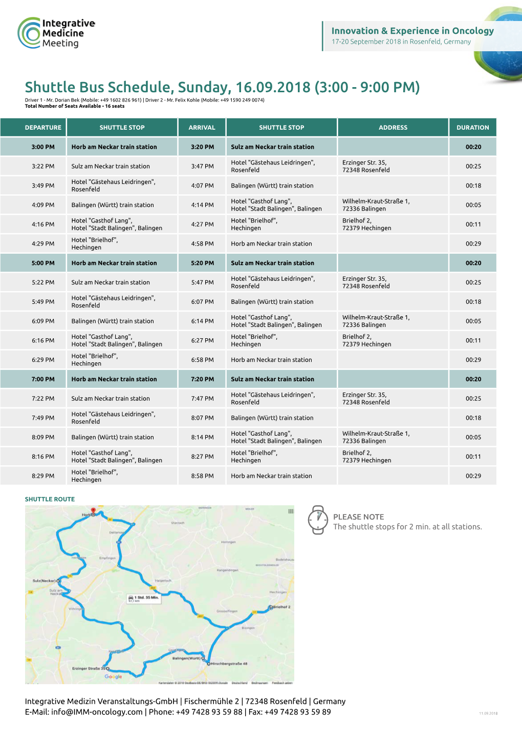 Shuttle Bus Schedule, Sunday, 16.09.2018 (3:00 - 9:00 PM) Driver 1 - Mr