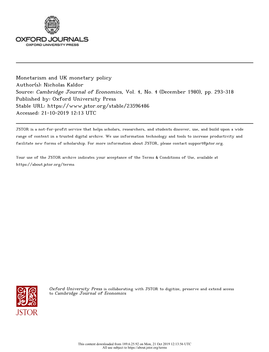 Monetarism and UK Monetary Policy Author(S): Nicholas Kaldor Source: Cambridge Journal of Economics, Vol