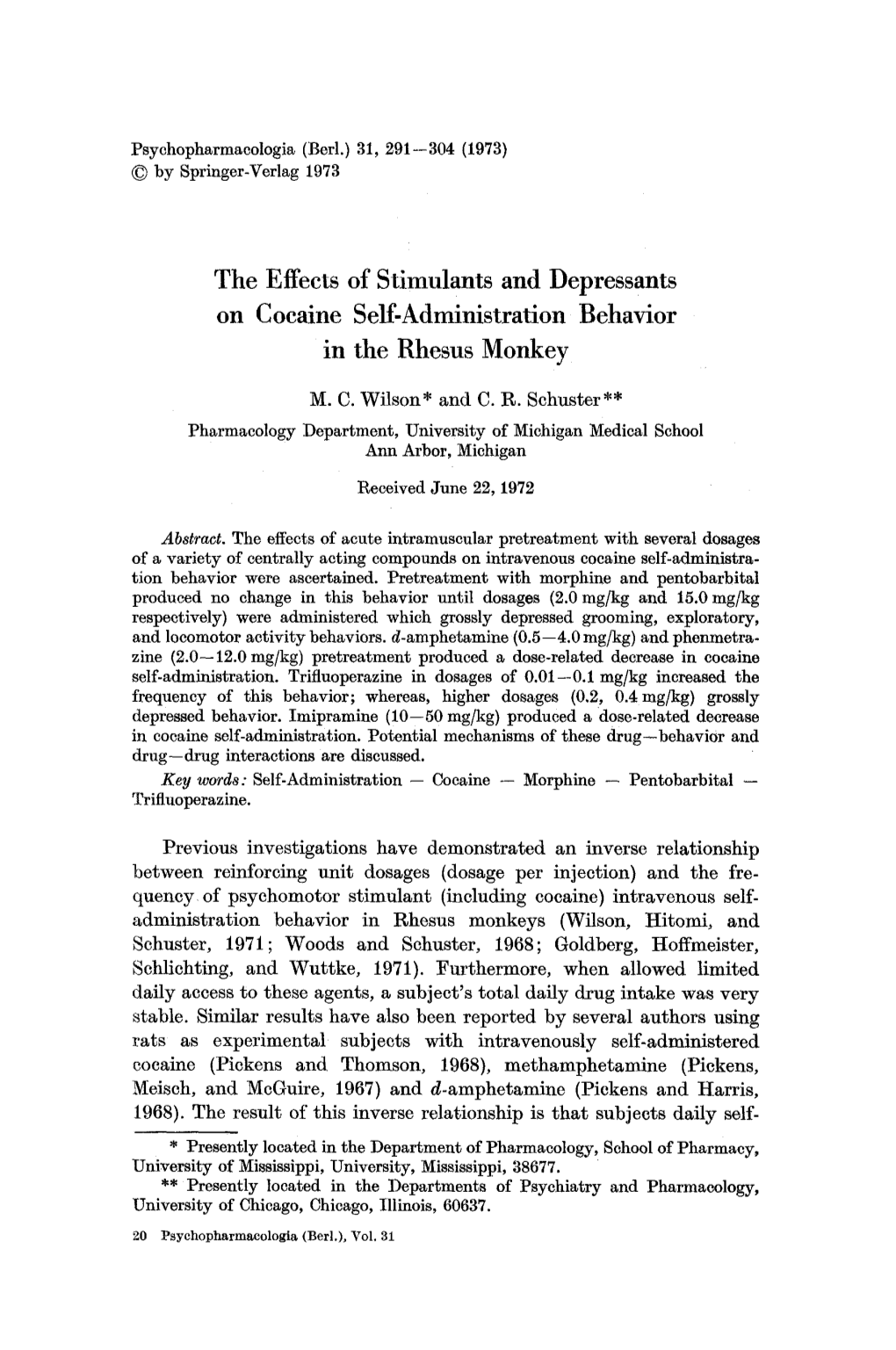 The Effects of Stimulants and Depressants on Cocaine Self-Administration Behavior in the Rhesus Monkey