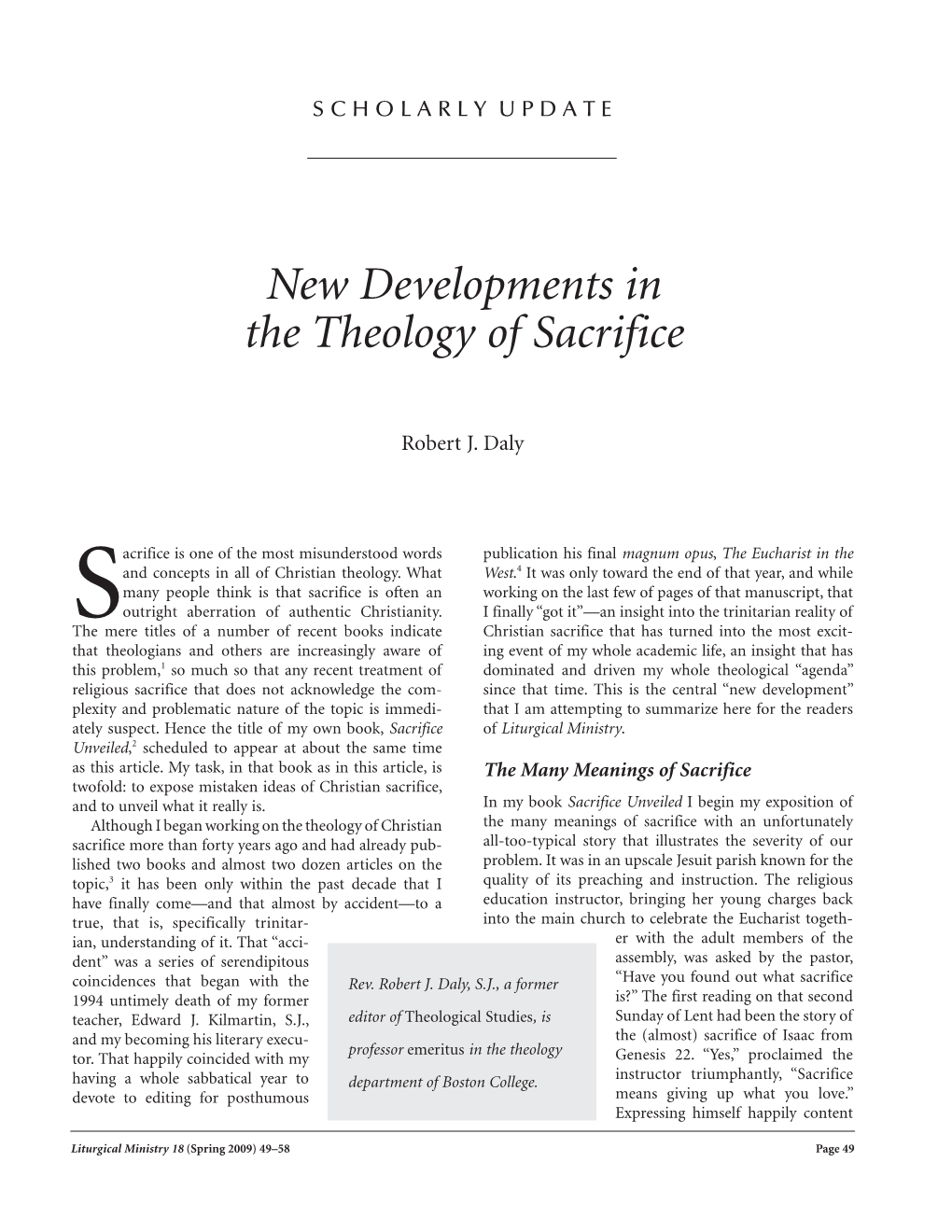 New Developments in the Theology of Sacrifice