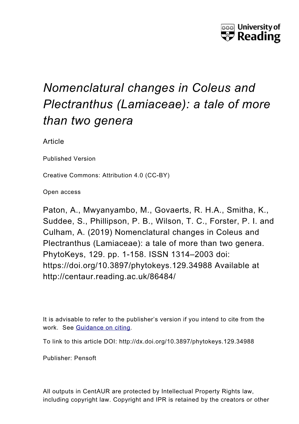 Nomenclatural Changes in Coleus and Plectranthus (Lamiaceae): a Tale of More Than Two Genera