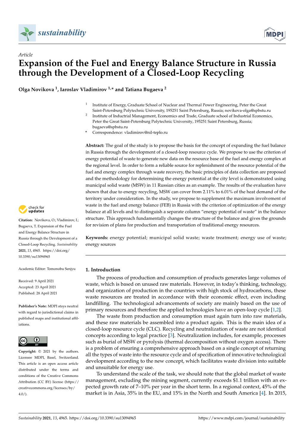 Expansion of the Fuel and Energy Balance Structure in Russia Through the Development of a Closed-Loop Recycling