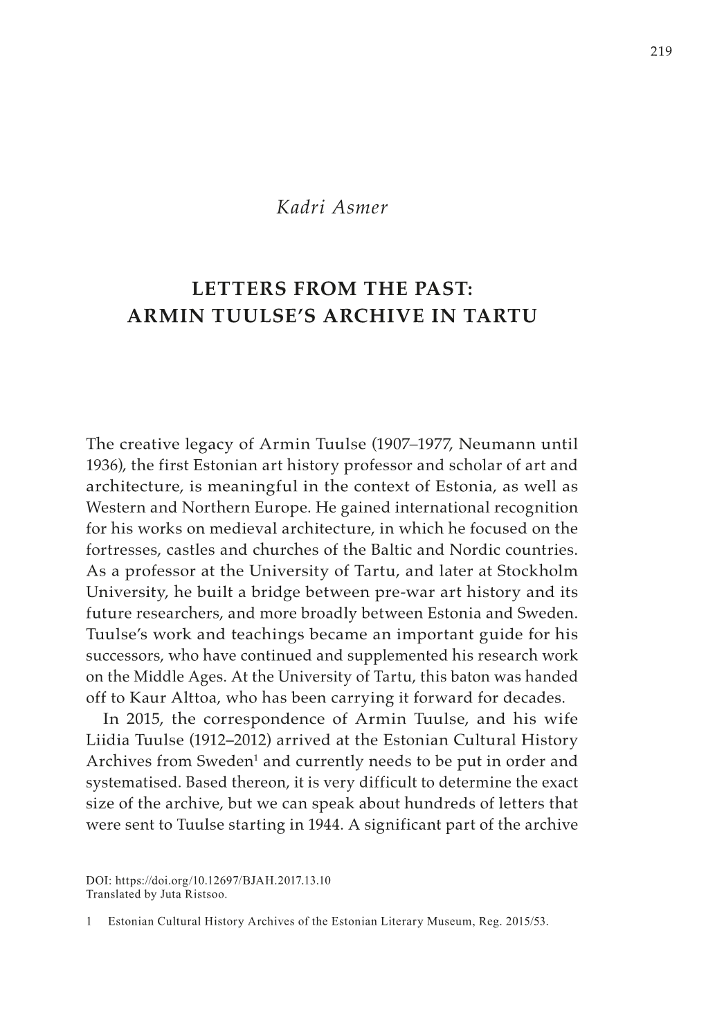 Kadri Asmer LETTERS from the PAST: ARMIN TUULSE's ARCHIVE