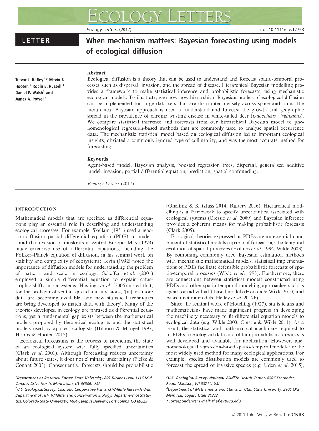 Bayesian Forecasting Using Models of Ecological Diffusion