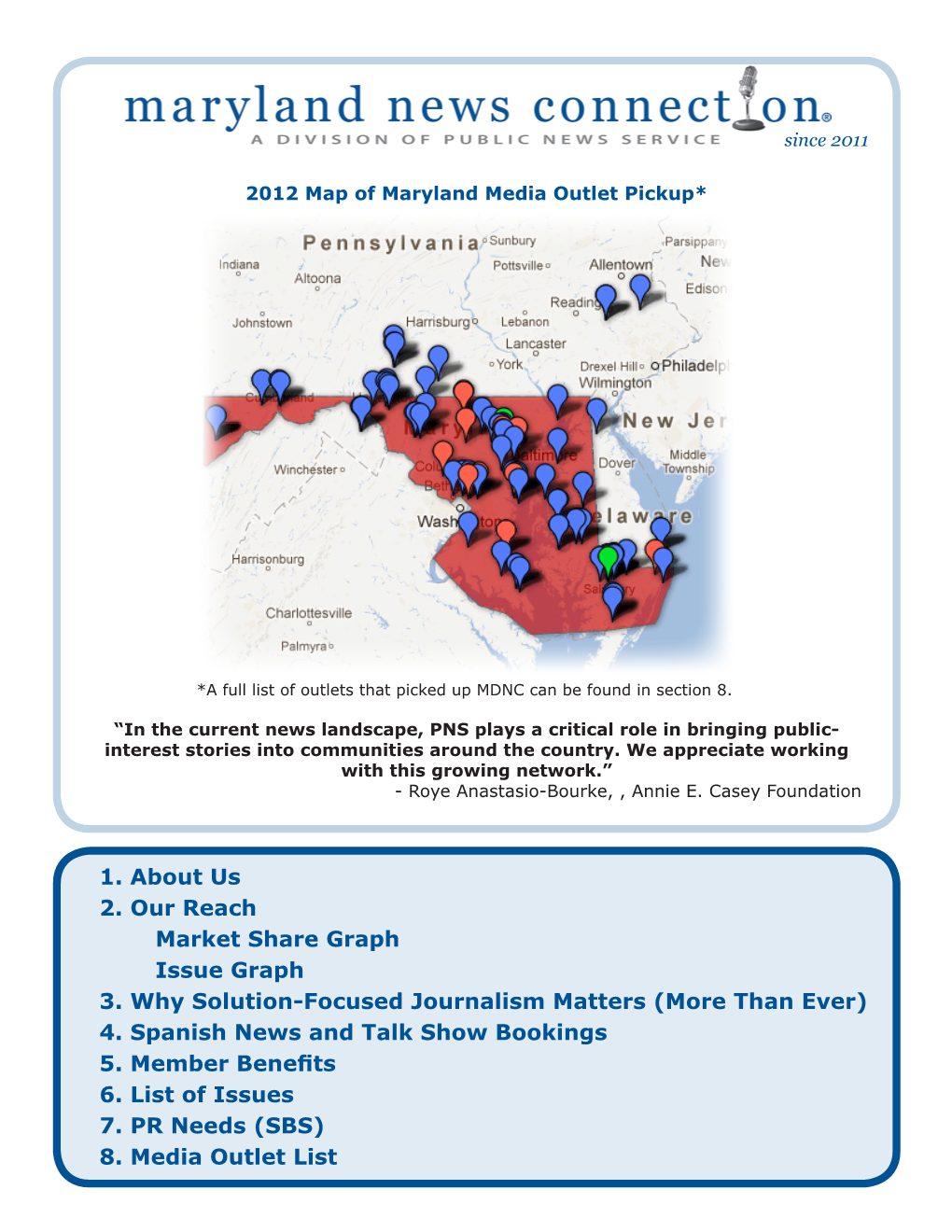 1. About Us 2. Our Reach Market Share Graph Issue Graph 3