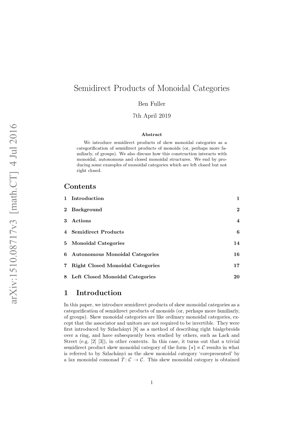 Semidirect Products of Monoidal Categories in Later Sections