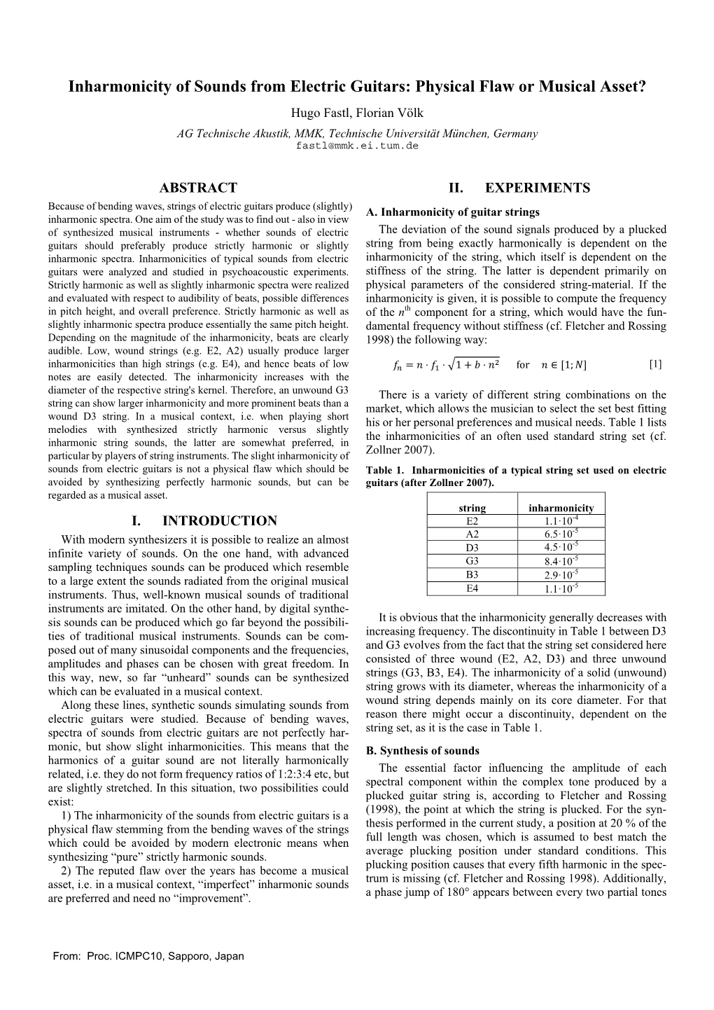 Inharmonicity of Sounds from Electric Guitars