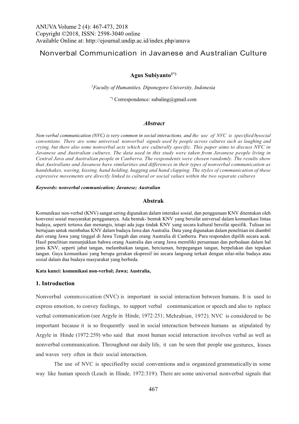 Nonverbal Communication in Javanese and Australian Culture